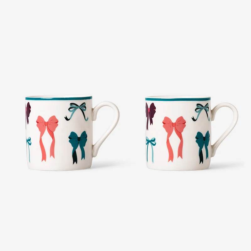 Espresso mugs with saucers and bow print - 4 pcs