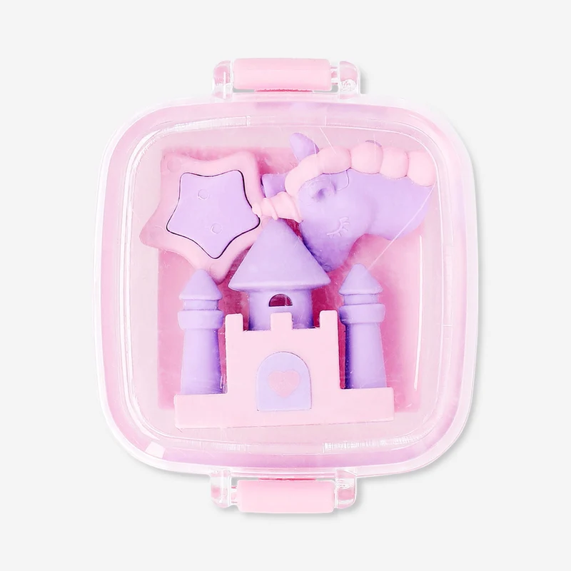 Set of fairytale themed erasers in pink box