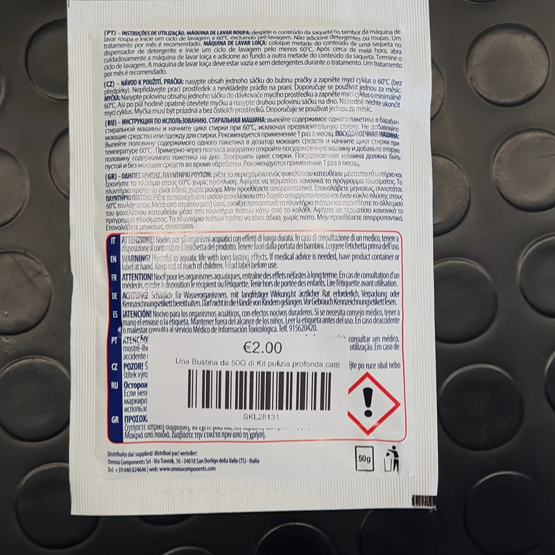Una Bustina da 50G di Kit pulizia profonda cattivi odori, residui, calcare da lavatrice e lavastoviglie.