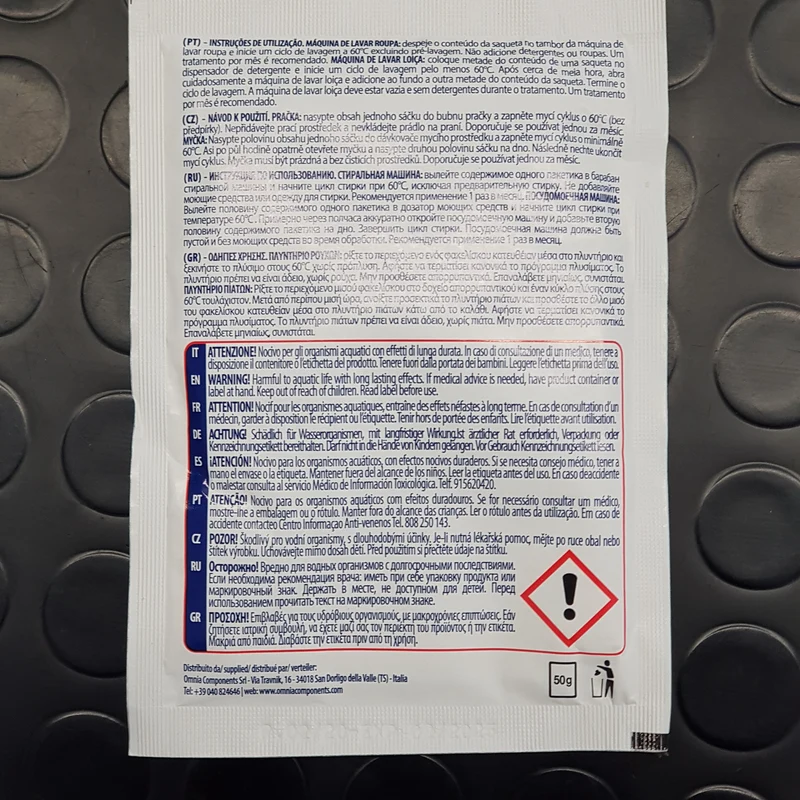 Una Bustina da 50G di Kit pulizia profonda cattivi odori, residui, calcare da lavatrice e lavastoviglie.