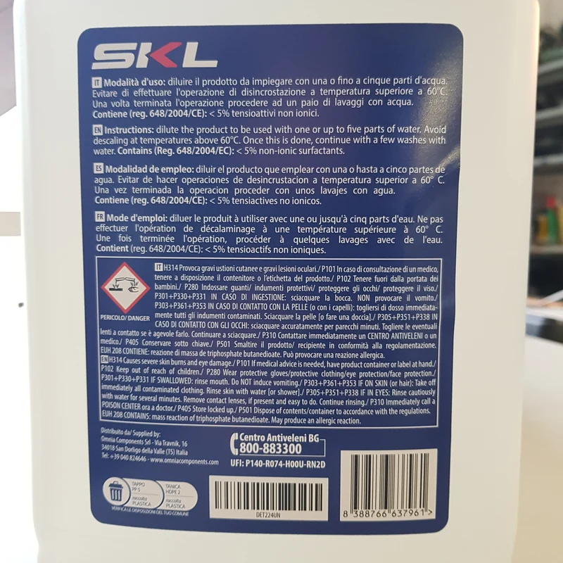 Tanica decalcificante, disincrostante, anticalcare da 5 litri SKL