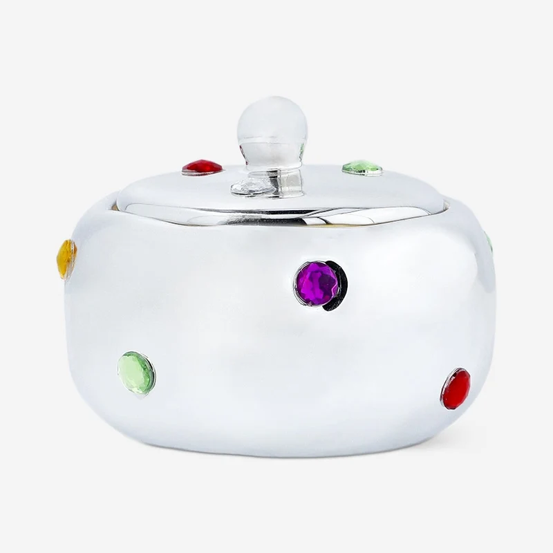 Decorative silver ceramic jar with gemstones