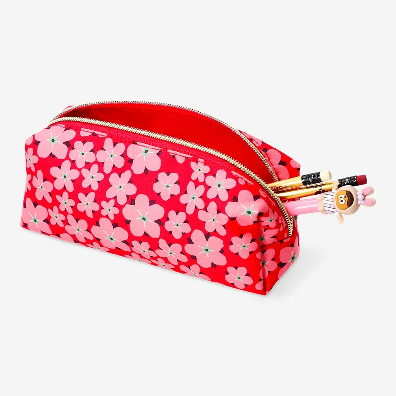 Red pencil case with flowers