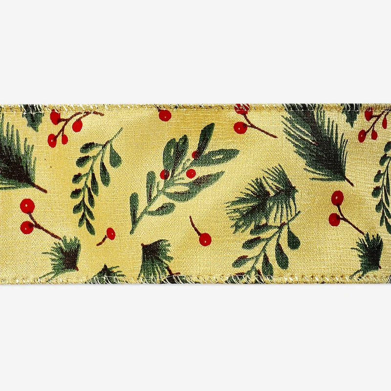 Wide ribbon with holly print - 3 m