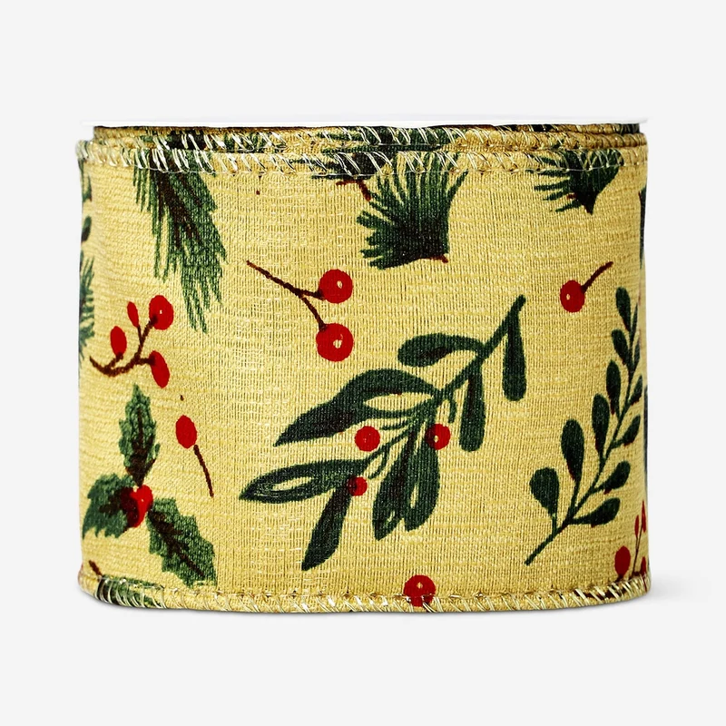 Wide ribbon with holly print - 3 m