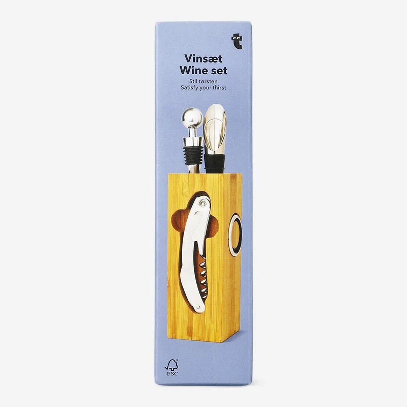 Wine set in wooden holder