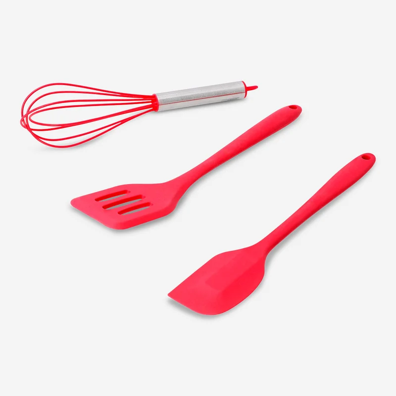 Red kitchen utensils - 3 pcs Scraper and Spatula: silicone Whisk: Silicone, Stainless steel