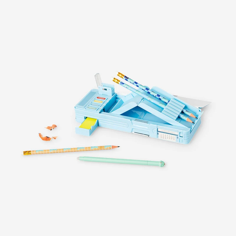 Blue multi functional pencil case with dinosaur