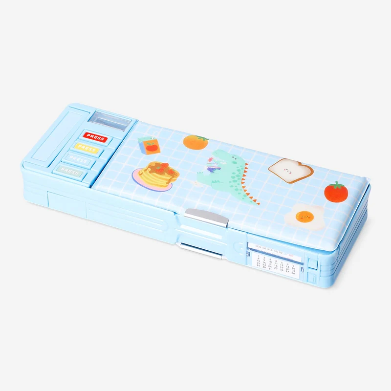 Blue multi functional pencil case with dinosaur