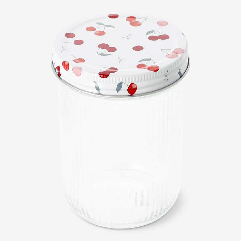 Glass storage jar with cherry print lid - 13 cm
