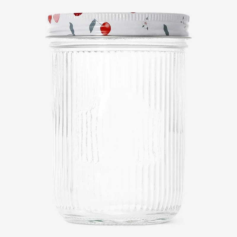 Glass storage jar with cherry print lid - 13 cm