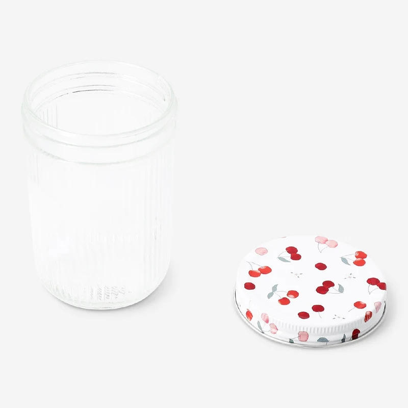 Glass storage jar with cherry print lid - 13 cm