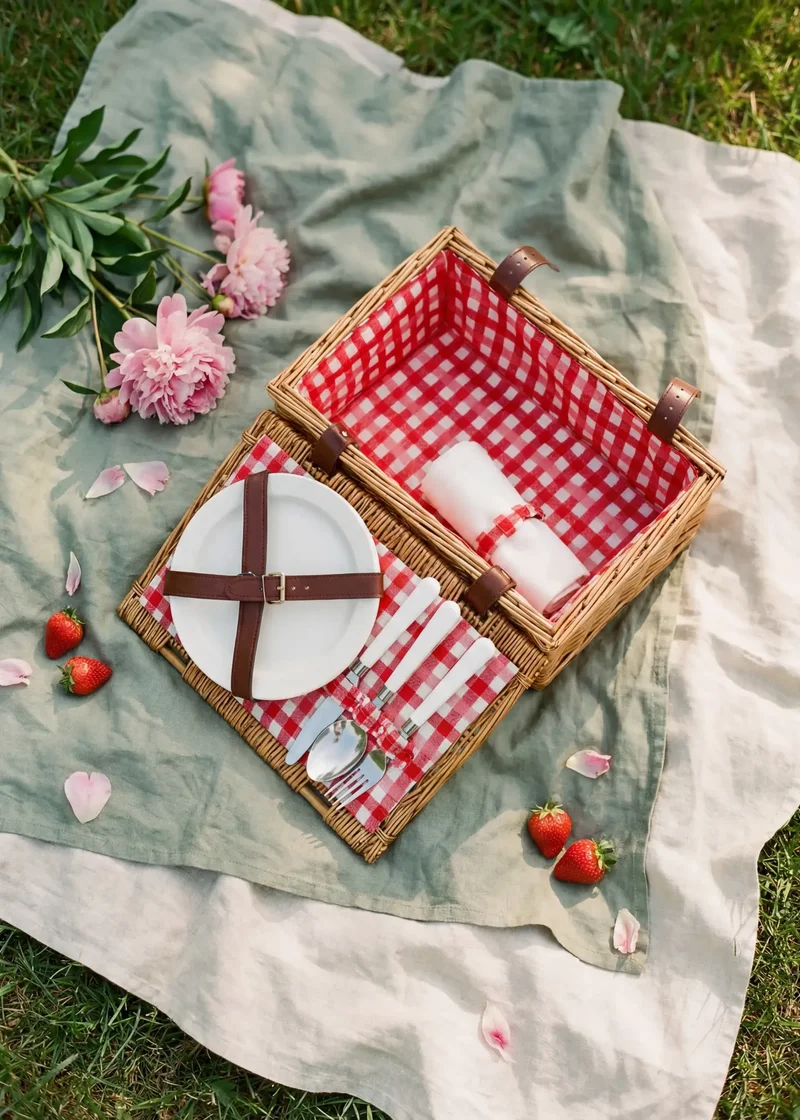 Picnic basket with cutlery and lid