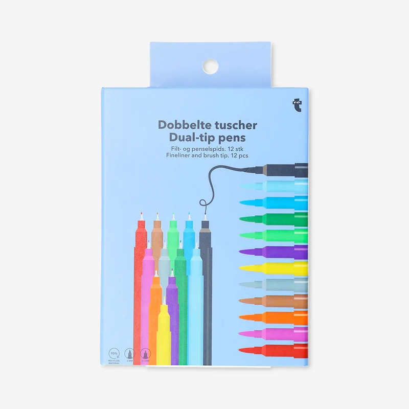 Dual tip pens with fineliner and brush tip - 12 pcs