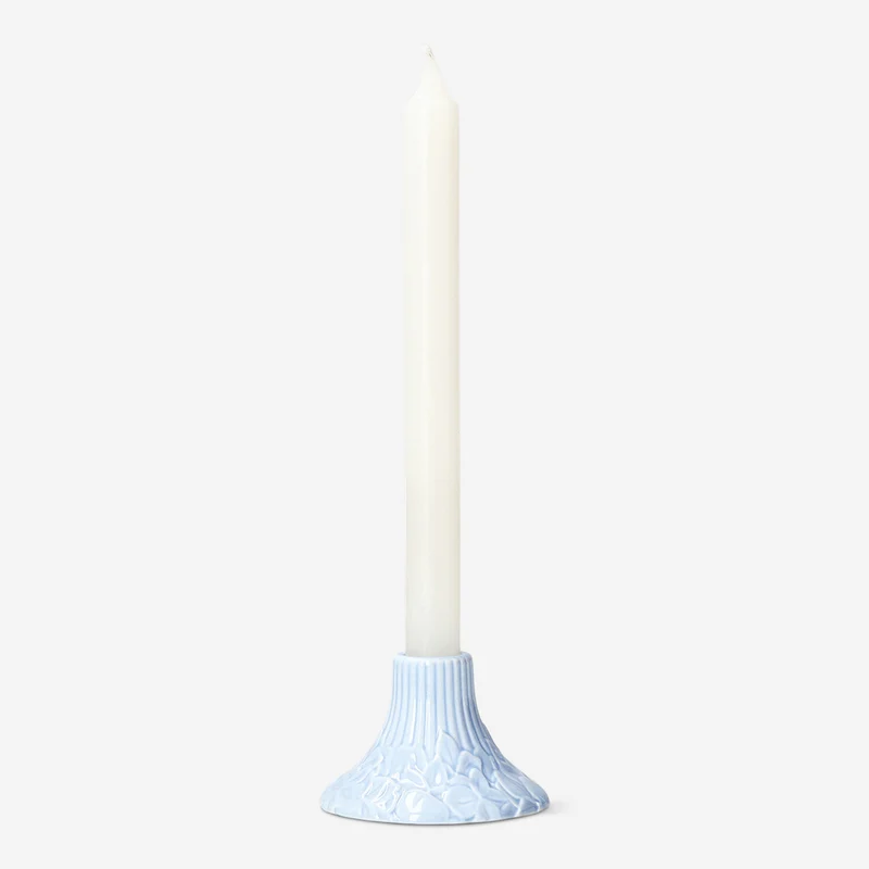 Blue candleholder with embossed hydrangeas