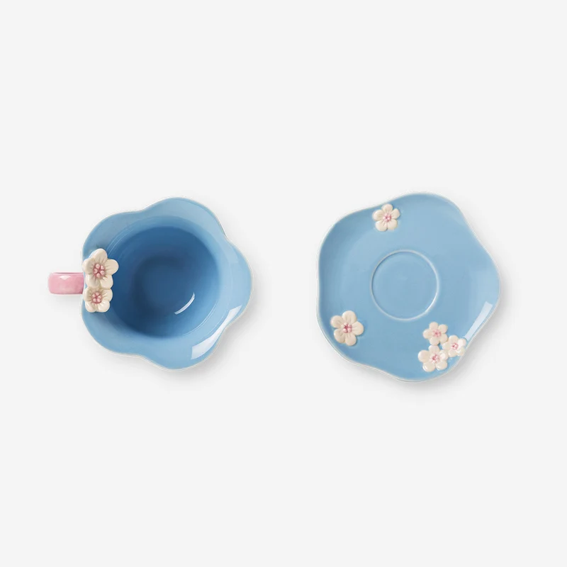 Blue flower mug with saucer - 170 ml