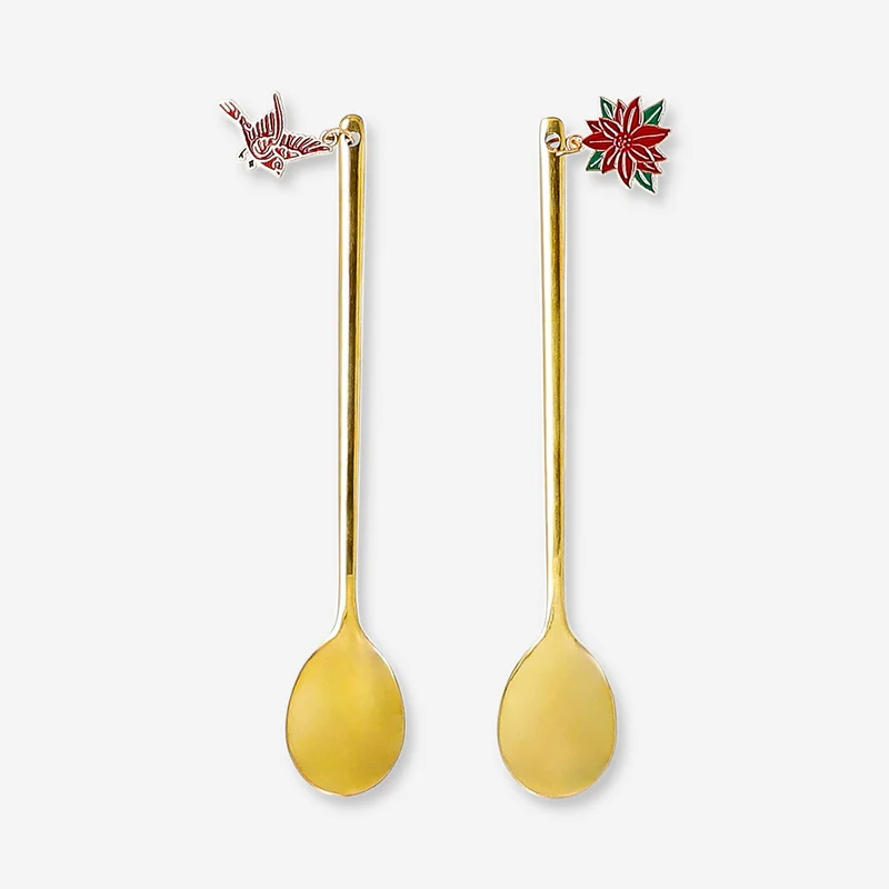 Gold spoons with Christmas bird and poinsettia decorations - 2 pcs