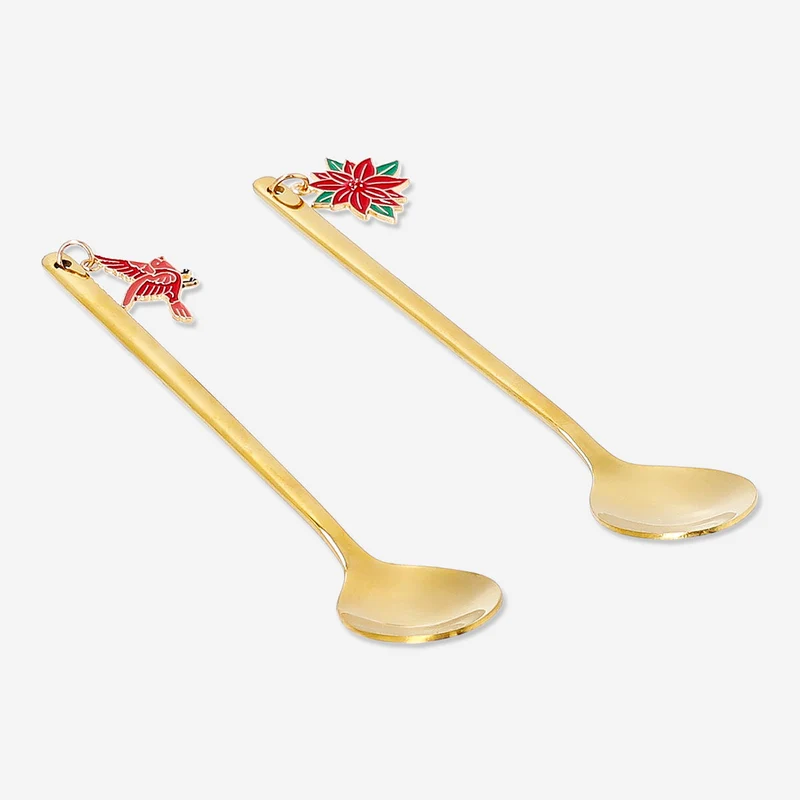 Gold spoons with Christmas bird and poinsettia decorations - 2 pcs