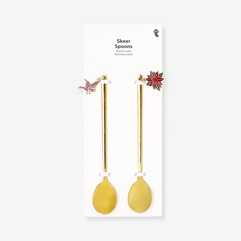 Gold spoons with Christmas bird and poinsettia decorations - 2 pcs