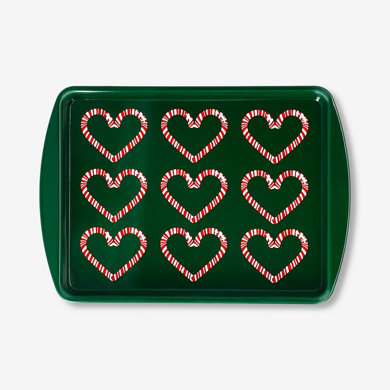 Green decorative tray with candy cane hearts - 20x14 cm