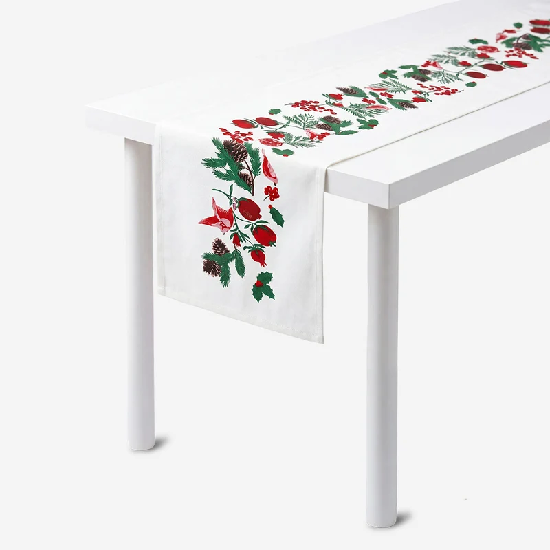 Christmas table runner with holly and poinsettia print - 33x220 cm