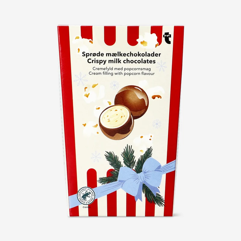 Crispy milk chocolates with popcorn