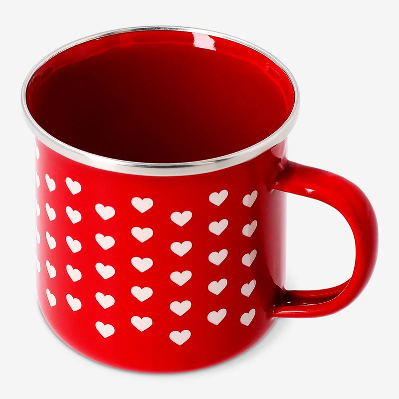 Metal mug with red enamel and heart print - 350 ml