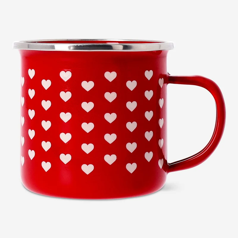Metal mug with red enamel and heart print - 350 ml