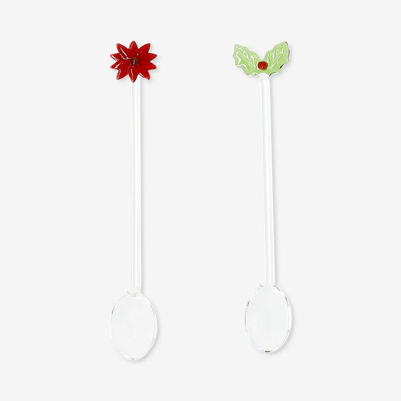 Glass spoons with embossed holly and poinsettia - 2 pcs