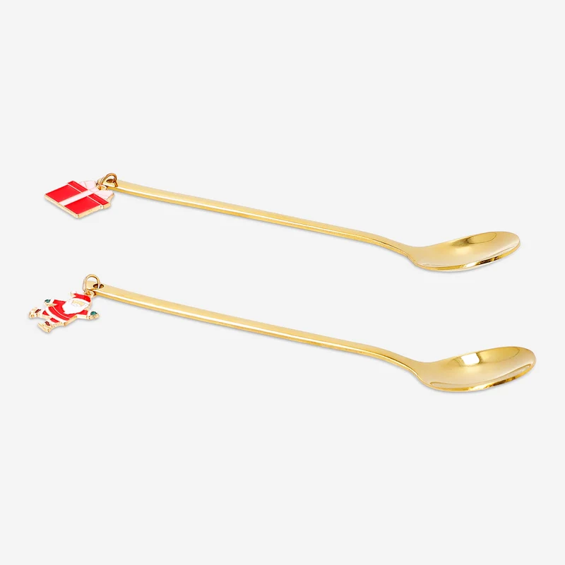 Gold spoons with Santa and present decorations - 2 pcs