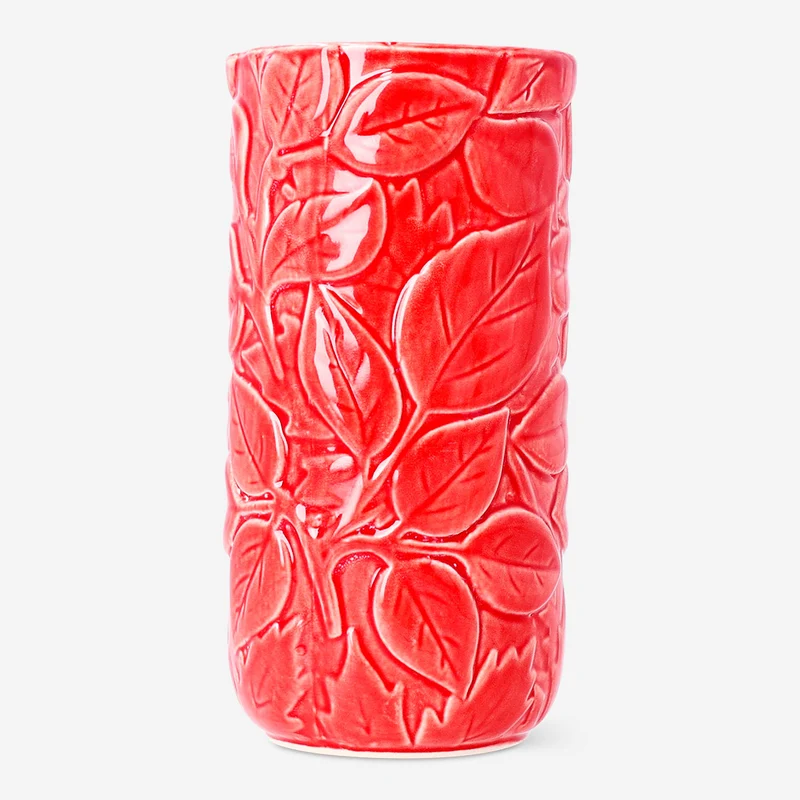 Red vase with embossed leaf design - 16 cm
