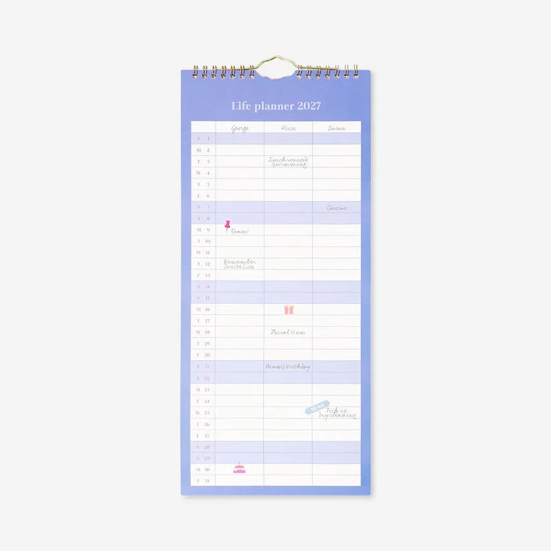 Blue monthly calendar for hanging 2027