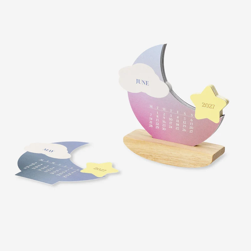 Monthly moon calendar with wood stand for desk 2026-2027
