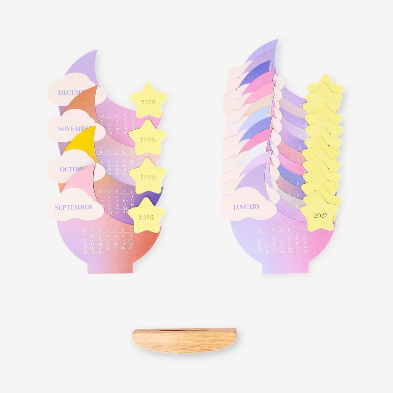Monthly moon calendar with wood stand for desk 2026-2027