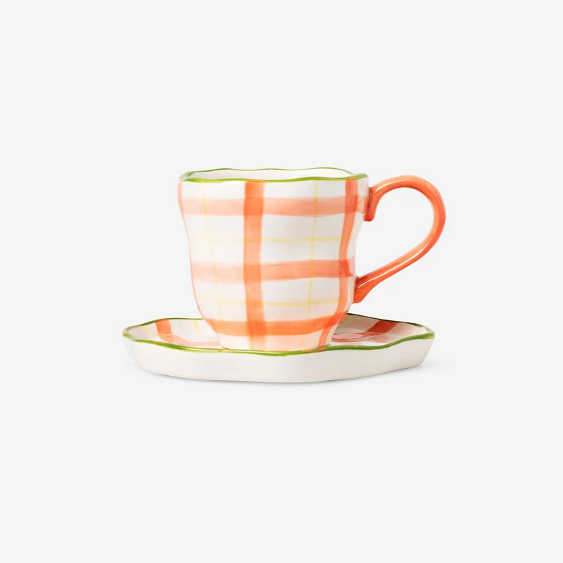 Mug with hand-painted chequered design and saucer - 200 ml