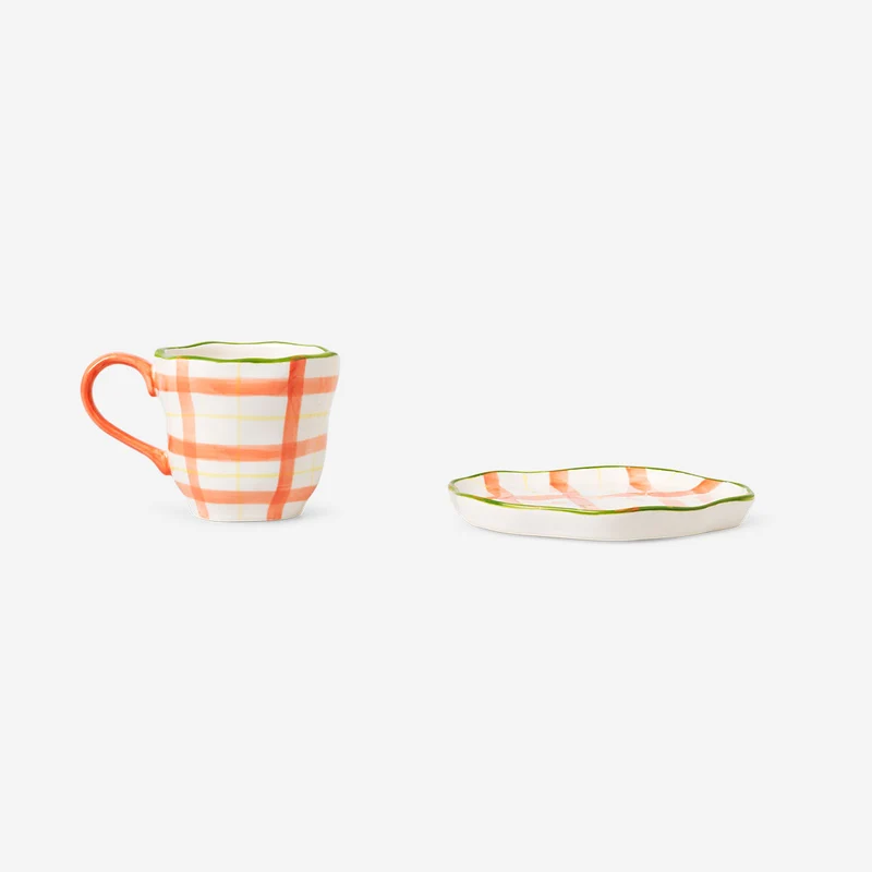 Mug with hand-painted chequered design and saucer - 200 ml