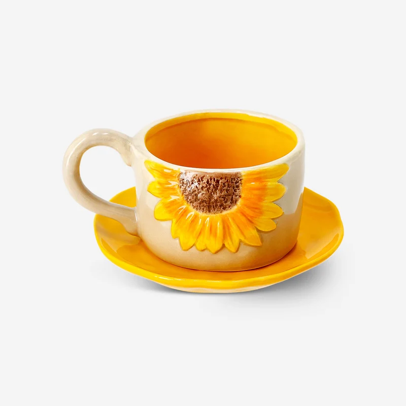 Mug with embossed sunflowers and saucer - 160 ml