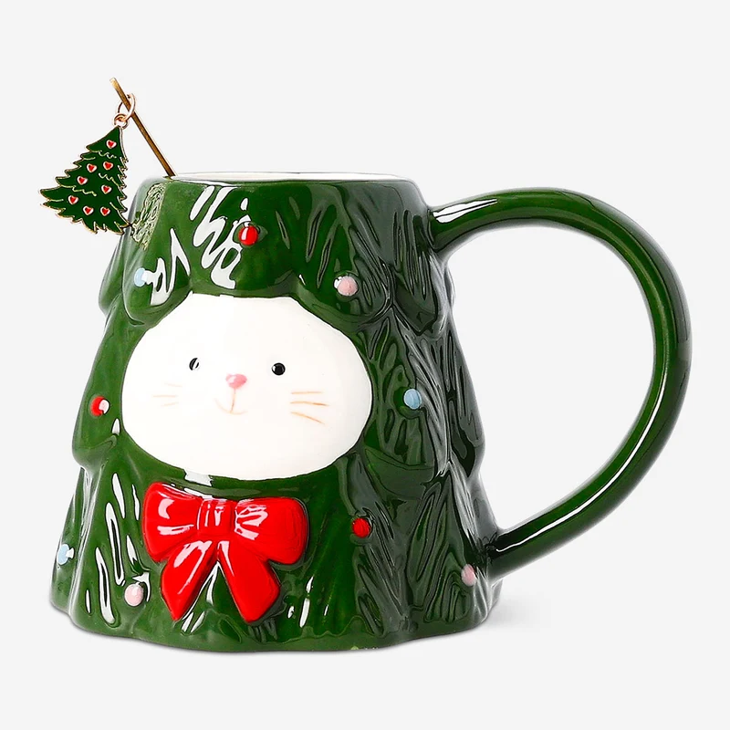 Cat in Christmas tree mug with spoon - 330 ml