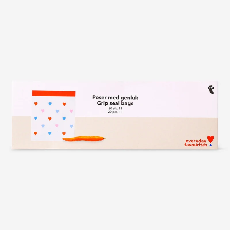 1L grip seal bags with zip closure and heart print - 20 pcs