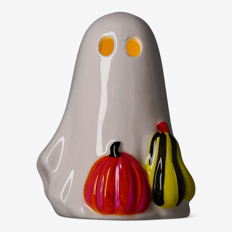 Luminous ghost with pumpkins and LED light