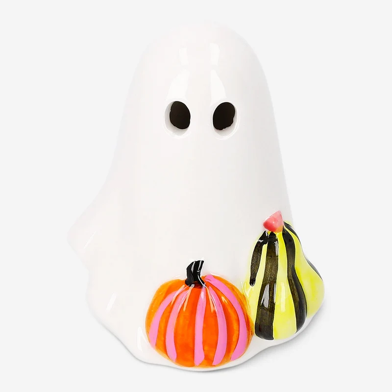 Luminous ghost with pumpkins and LED light