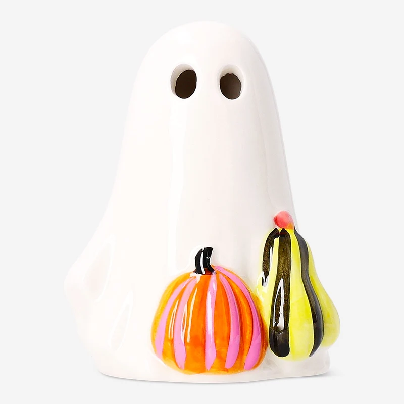Luminous ghost with pumpkins and LED light