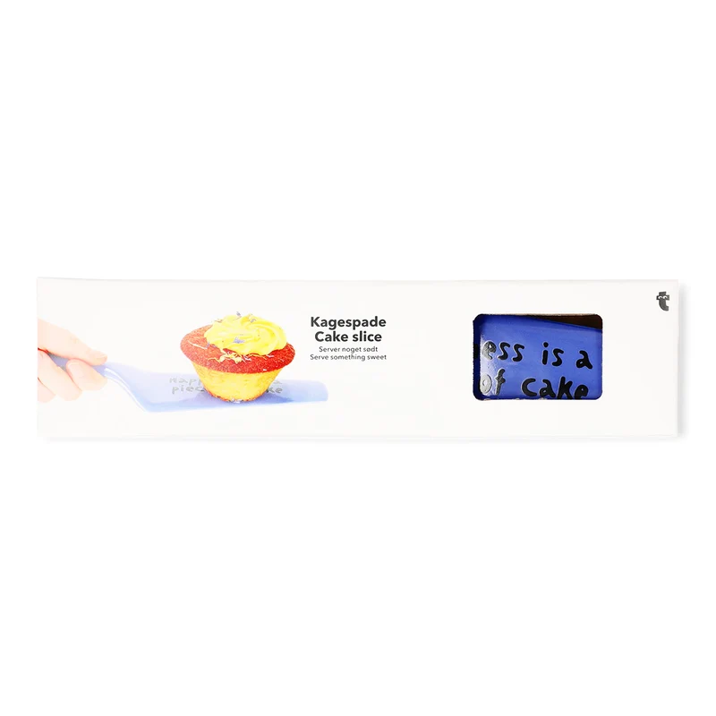 Blue cake slicer with text