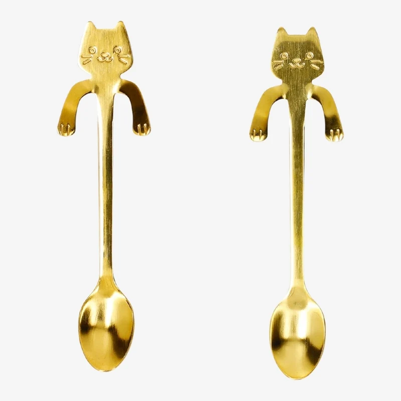 Gold spoons with cat decoration for hanging on mug - 2 pcs