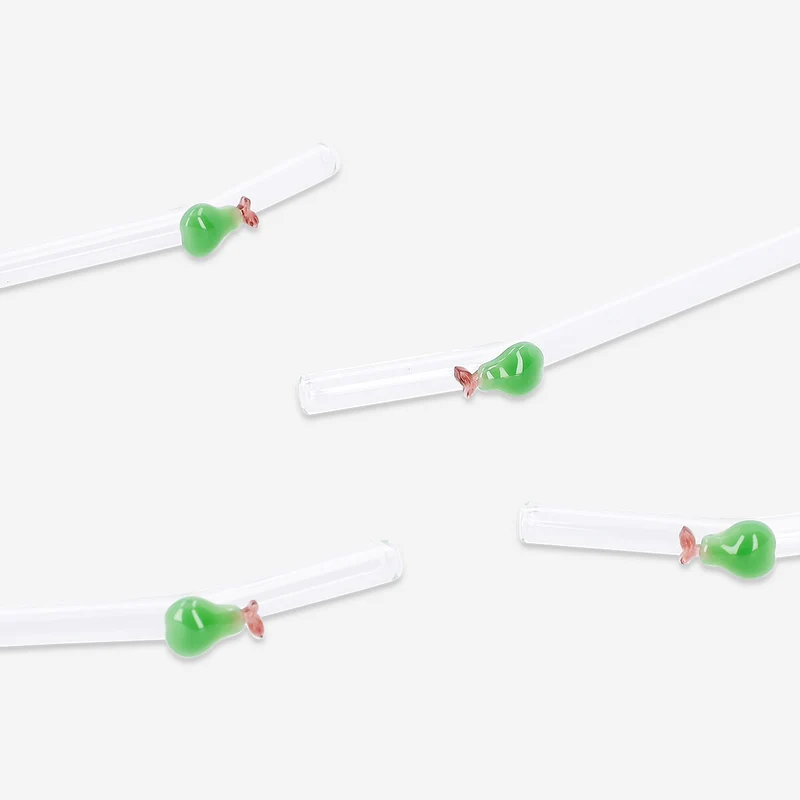 Green glass straws with pear decoration - 4 pcs Max temp.: 40 C