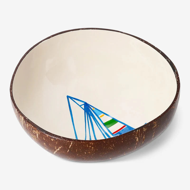 Hand-painted coconut bowl with boat motif - 13 cm