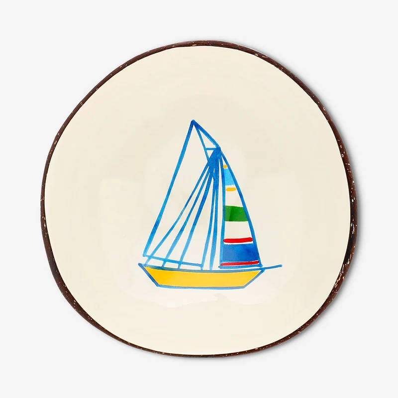Hand-painted coconut bowl with boat motif - 13 cm