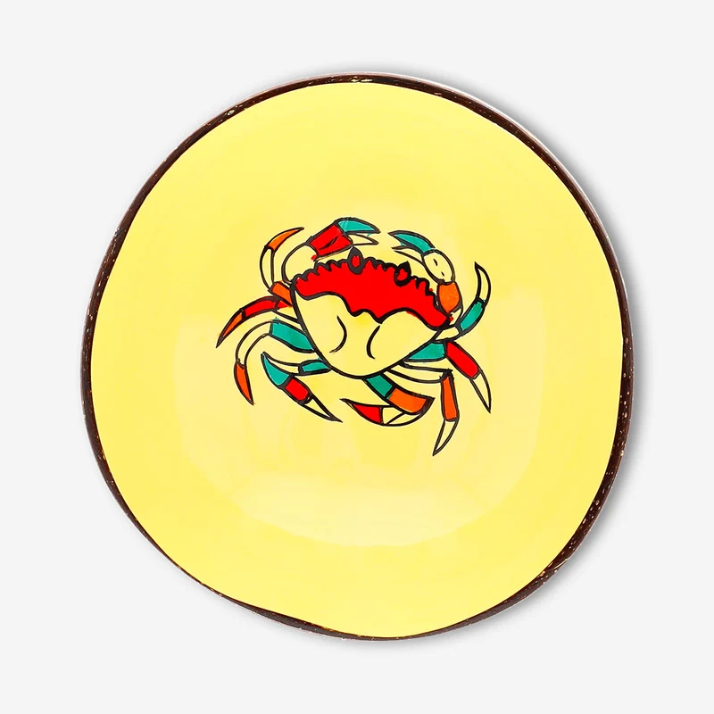 Hand-painted coconut bowl with crab motif - 13 cm