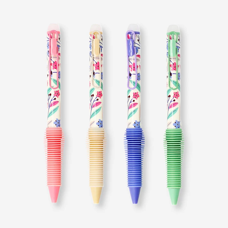 Erasable ballpoint pens with clips and floral design - 4 pcs
