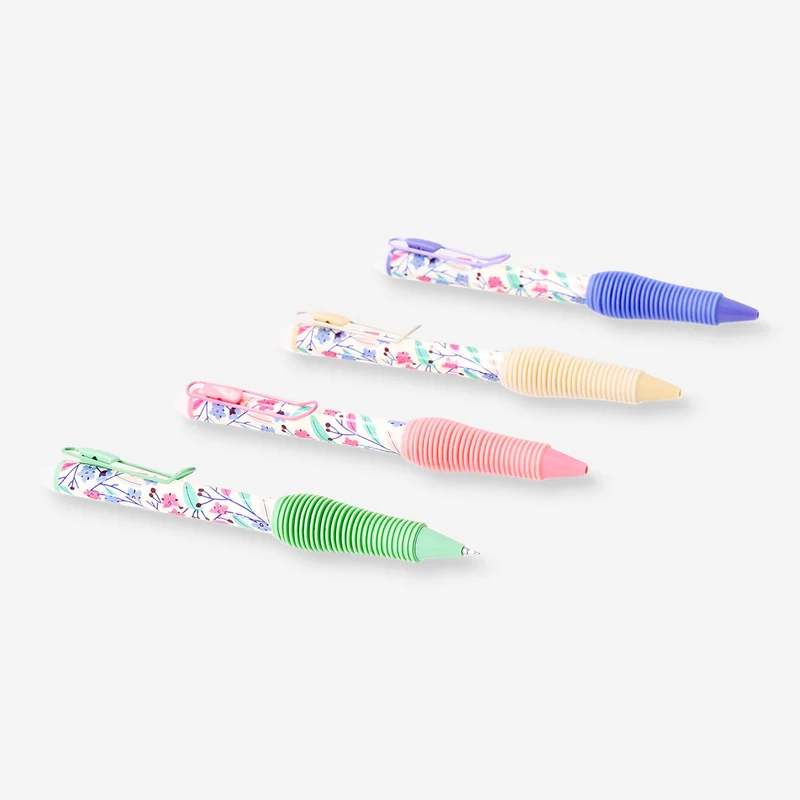 Erasable ballpoint pens with clips and floral design - 4 pcs